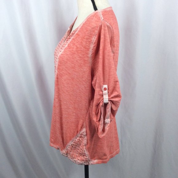 Womens Boho Peasant Top Size XL Jersey Knit Roll Tab Sleeves Lace - Picture 4 of 8